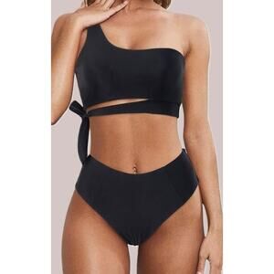 NWT MOOSLOVER Black 1 Shoulder High Waisted 2 Piece Bikini Tie High Cut *Medium